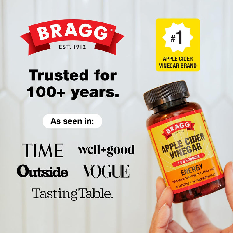 Bragg Energy Apple Cider Vinegar Capsules B Vitamins 90ct - 2 Pack | Organic, boosts natural vitality, gluten-free, non-GMO, vegetarian-friendly, no artificial preservatives, caffeine free 90 Count (Pack of 2)