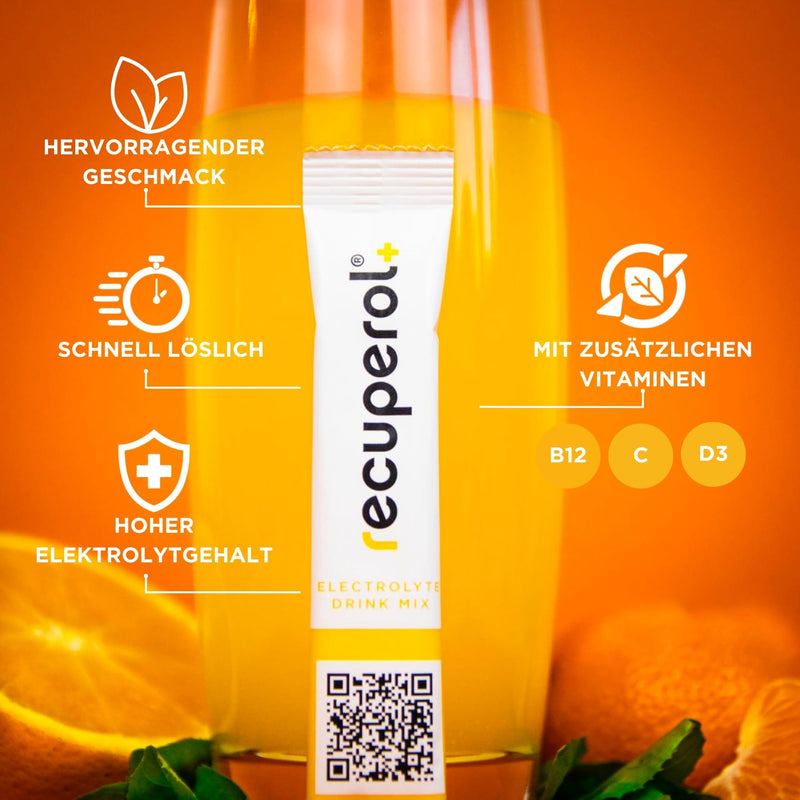 Recuperol Electrolytes Sachets - Rehydration Electrolytes Powder with Zinc, Vitamin C, B12, D3 & Potassium for Hydration - Sugar Free, Vegan & Low Calorie - Orange 20 Pack