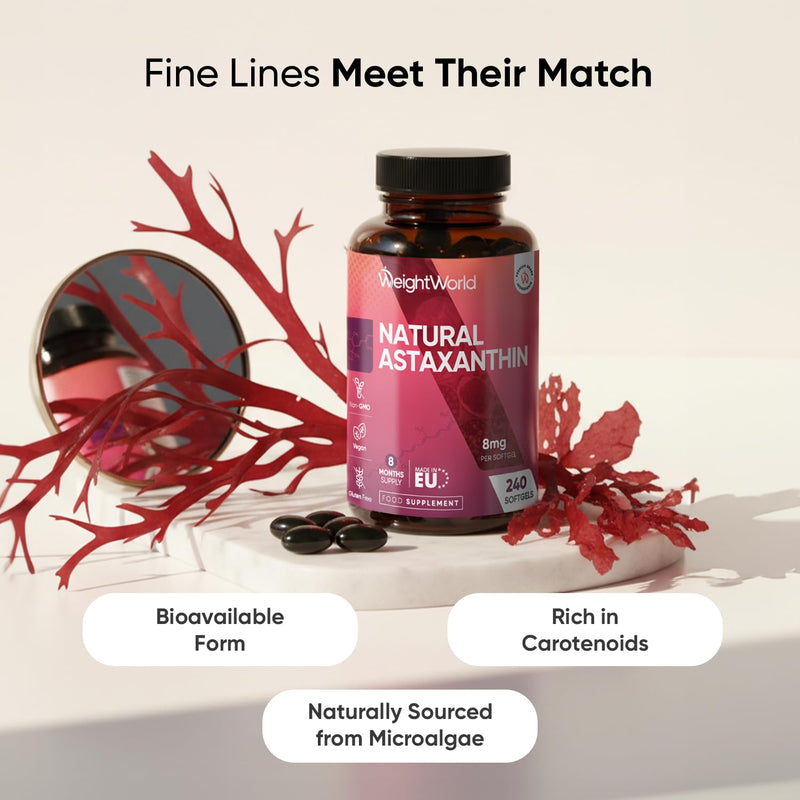 WeightWorld Natural Astaxanthin 8mg - 240 Softgels - 8 Months Supply - Vegan - Sourced from Haematococcus Pluvialis Algae - Non-GMO & GMP-Approved - Astaxanthin Supplements for Men & Women