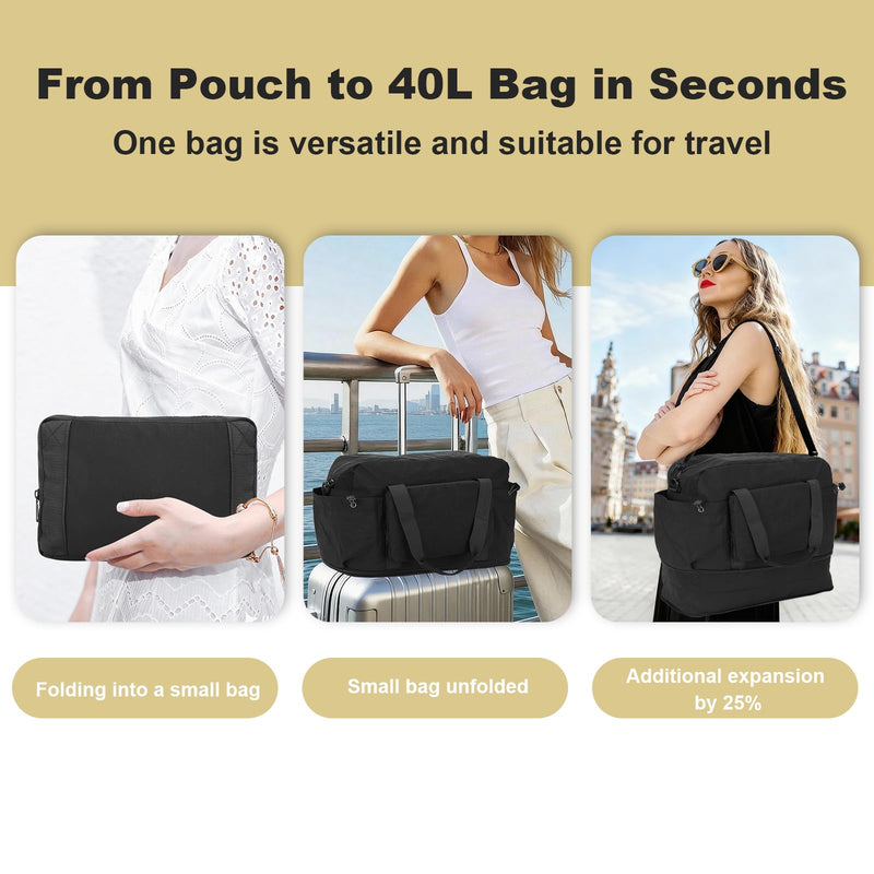 Foldable & Expandable Personal Item Travel Bag,black | Waterproof ,Wet-Dry Compartment ,Luggage Sleeve,Detachable Crossbody Strap,Carry on Bag,Weekender Bag for Women,Gym,Overnight Black