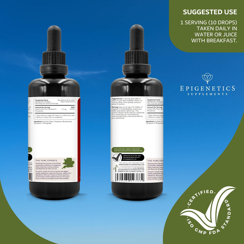 Vitamin B6 Vitamins | P5P Supplement 50ml Liquid Drops | 2 Months Supply, 66 Servings. High Strength Pyridoxal 5 Phosphate 2300mcg | UK Made & Vegan