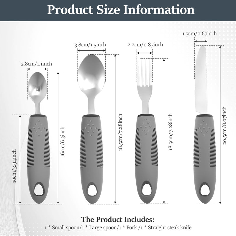 4 Pcs Adaptive Utensil Set Nonslip Easy Grip Cutlery for Adults Include Heavy Stainless Steel Spoon, Fork, Knife, Arthritis Aid Silverware for Elderly and Persons with Shaking Hands