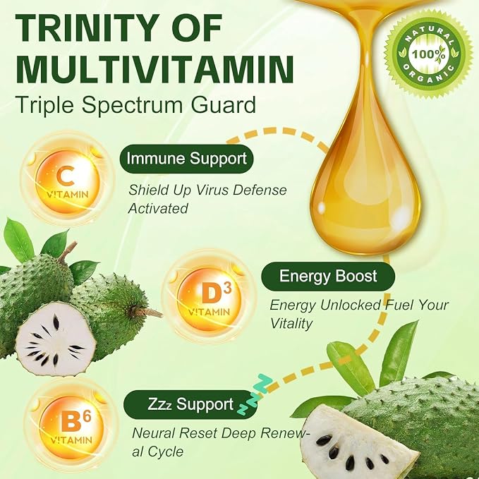 Soursop multivitamin Drop Natural Energy Booster, Immune Support, Vegan,Gluten Free,Non-GMO Vitamin B6,C,D, 60ml