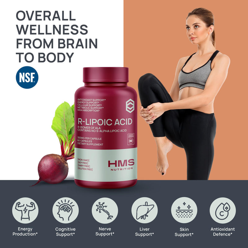 [Australia] - Stabilized R-Lipoic Acid 300mg Per Serving, R Alpha Lipoic Acid ALA Supplement Antioxidant for Nerve, Energy & Metabolism Support, NSF Certified Supplements, Non-GMO & Vegan,60 Capsules,2 Month Supply 60 Count (Pack of 1) 