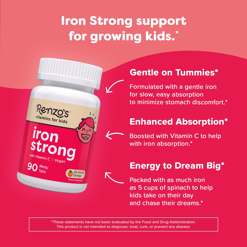 Renzo's Iron Supplements for Kids, Dissolvable Vegan Kids Iron Supplement with Vitamin C, Sugar-Free Melty Tabs, Orange Flavor, 90-Count | 9 mg per tablet, With Vitamin C for Enhanced Absorption, Gentle on the Stomach, Sugar-Free, Orange Flavor, 45-90 ...