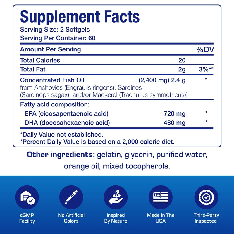 Clinical Omega 3 Fish Oil Supplement with EPA and DHA - 120 Orange Flavored Softgels for Heart, Immune, and Nervous Health - 1200mg of Molecularly Distilled Omega-3