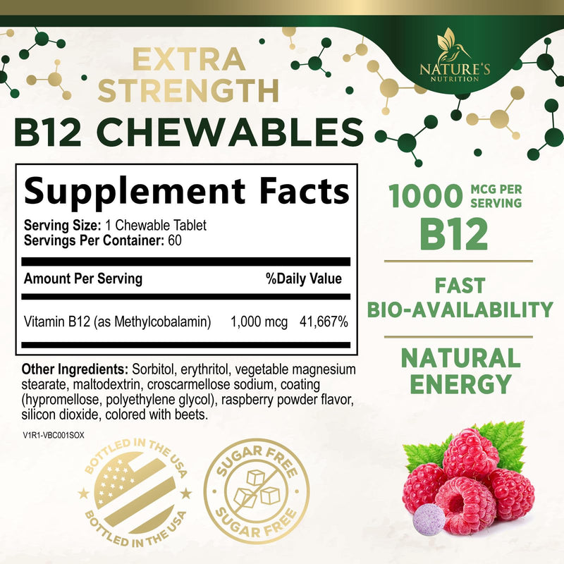 Vitamin B12 - 1000 mcg Per Serving Maximum Strength Methylcobalamin B-12 Chewable Tablet - Energy, Nervous System & Brain Support - Fast Dissolve, Gluten-Free, Non-GMO for Women & Men - 60 Tablets 60 Count (Pack of 1)