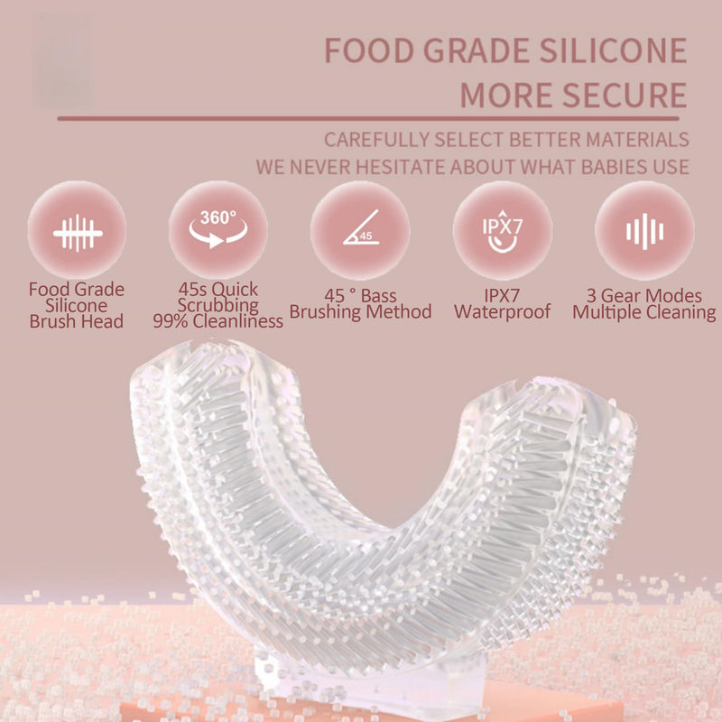 Kids U Shaped Electric Toothbrush with 4 Brush Heads, 360° Sonic Automatic Toothbrush with 3 Cleaning Modes, IPX7 Waterproof Cartoon Dinosaur Design (Ages 2-12) Pink