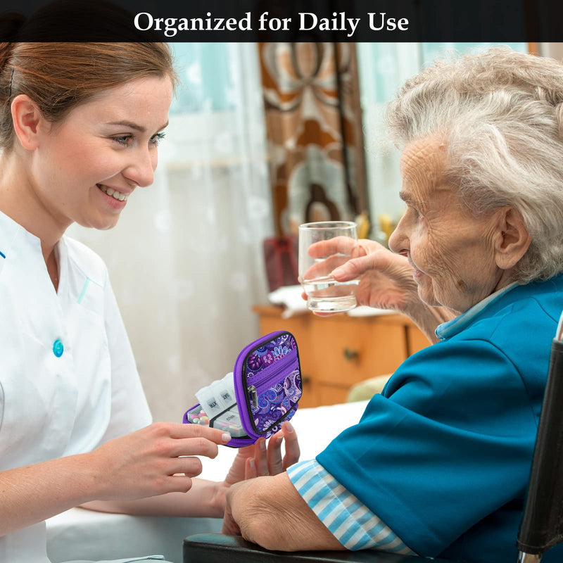 Serfeymi Weekly Travel Pill Organizer Pill Case for Purse with Removable 7 Day Pill Box, Fashionable Travel Medicine Organizer Pill Container for Medicine, Vitamin, Supplement - Black 03 + Purple 01 2 Cases + 2 Boxes C. Black 03 + Purple 01