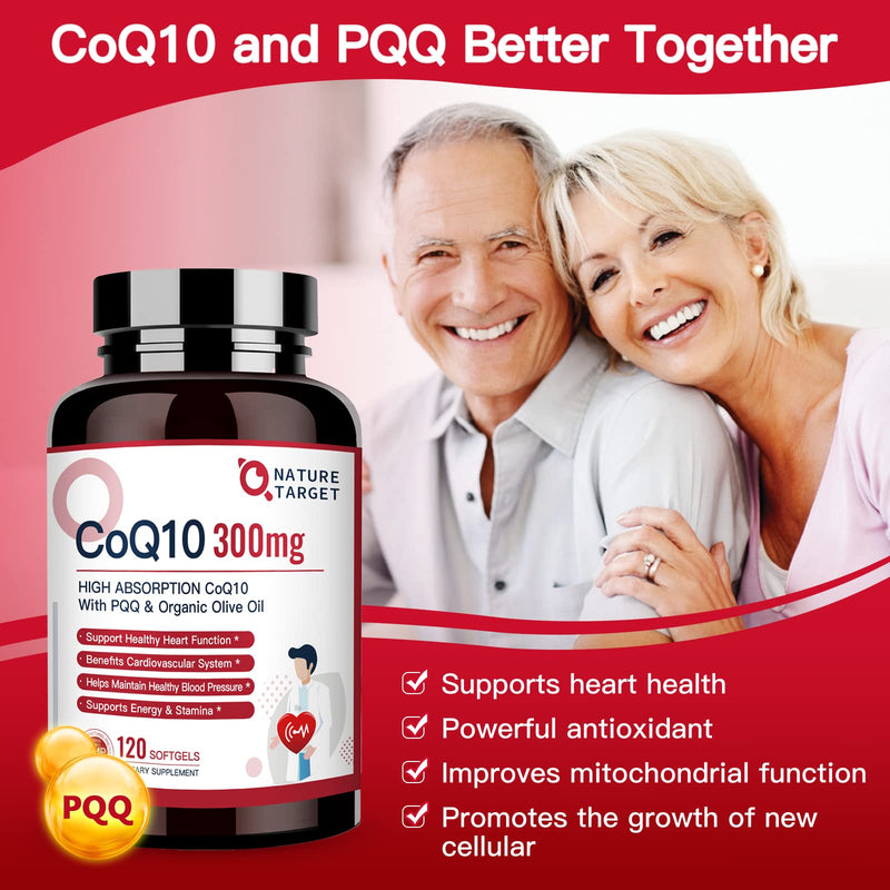 [Australia] - NATURE TARGET CoQ10-300mg-Softgels + PQQ with Organic-Olive-Oil - High Absorption-Coenzyme-Q10 - Antioxidant-for-Heart-Health and Immune Support, Energy Production, 120 Servings 