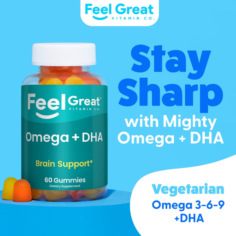 Feel Great Omega 3 6 9 + DHA Gummies for Kids & Adults, Vegetarian, 60ct | Plant-Based Omega 3 6 9 + DHA for Brain & Immune Support, Vitamin C & Chia, Fish Oil Alternative, Vegetarian, Gluten-Free