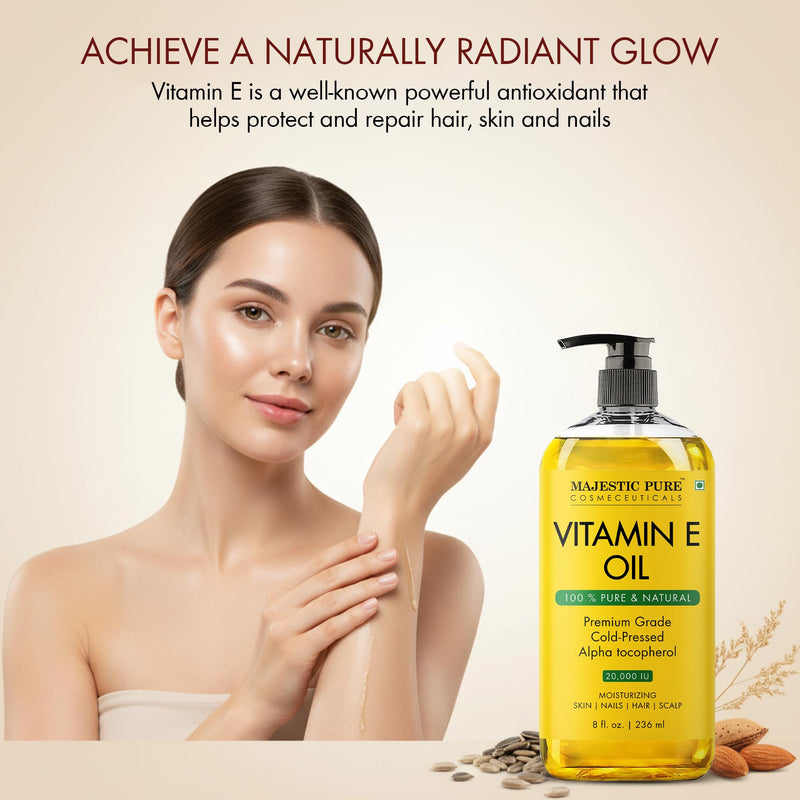 Majestic Pure Vitamin E Oil 100% Pure & Natural Body Oil - 8 Fl Oz | Cold Pressed & Hexane Free Carrier Oil for Moisturizing Dry Skin,Scars, Hair, Eyelashes, Eyebrows, Body, Face, Nails & Scalp 8 Fl Oz (Pack of 1)