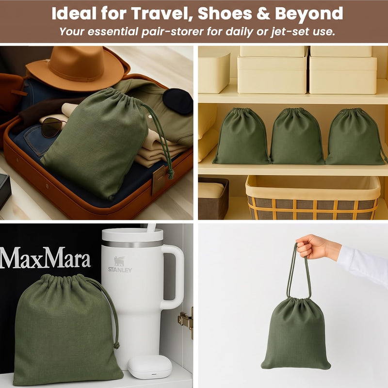 LFH Cotton Shoe Storage Bags with Drawstring, Breathable Dustproof Reusable Shoe Organizer for Travel, Gym, Dorm, Hotel, Machine Washable Easy Carry 8"x17" (Pack of 6), Military Green 8"x17" (Pack of 6)