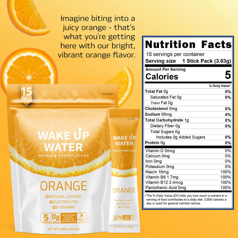 [Australia] - Wake Up Water - Energy + Hydration Packets (15 Pack), Orange Flavor - Electrolytes Powder Drink Mix w/Natural Caffeine, Electrolytes, B Vitamins - 5 Calories, Sugar Free, Gluten Free - .10 oz (2.9g) 