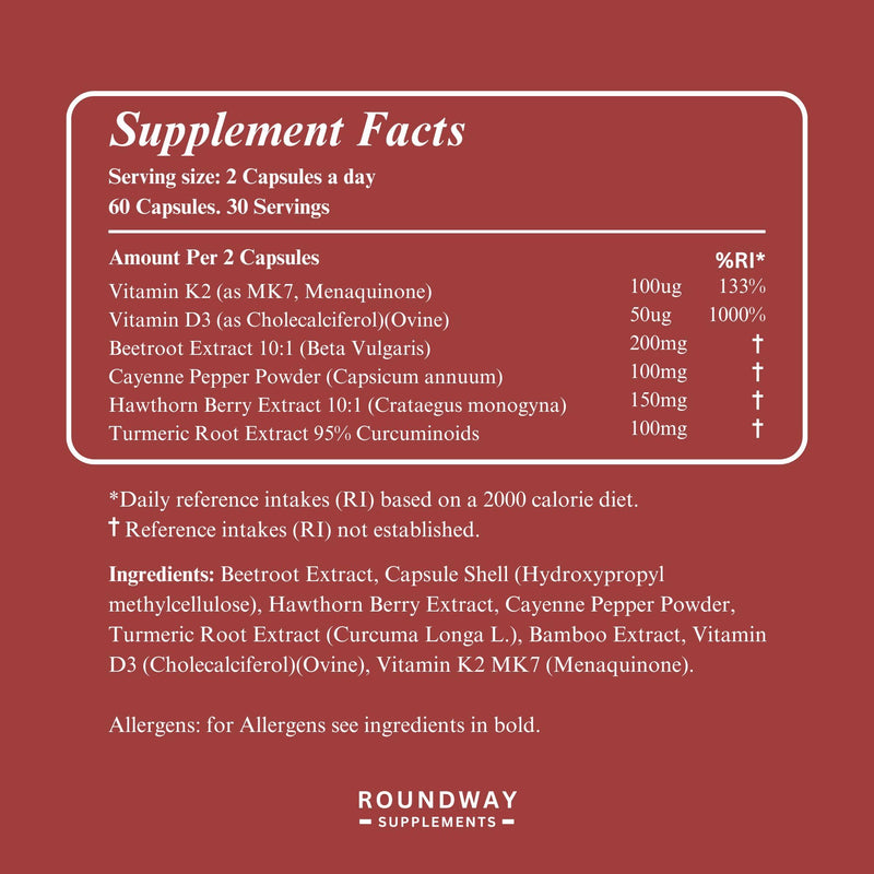 Cayenne Pepper Capsules with Hawthorn, Beetroot, Turmeric and Vitamin D3 K2 for Heart & Circulatory Support | 60 Capsules, 1 Month Supply | Made in The UK by Roundway Supplements