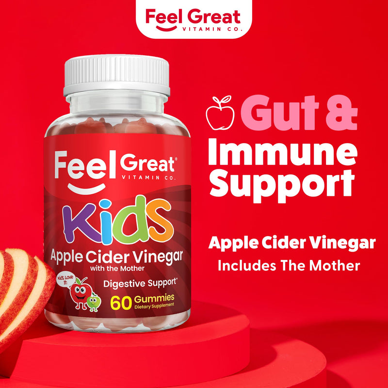 Feel Great Apple Cider Vinegar Gummies for Kids | Rich in Digestive Enzymes & Natural Antioxidants for Gut Health | Vegan Gummy Supports Healthy Nutrient Absorption | 60 Day Supply