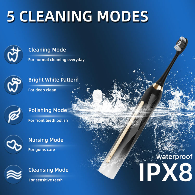 Adult Sonic Electric Toothbrush, USB Rechargeable Sonic Toothbrush, with 12 Brush Heads, 5 Modes, Equipped with Cleaning Brush, Brushing and Washing Two in one Black White