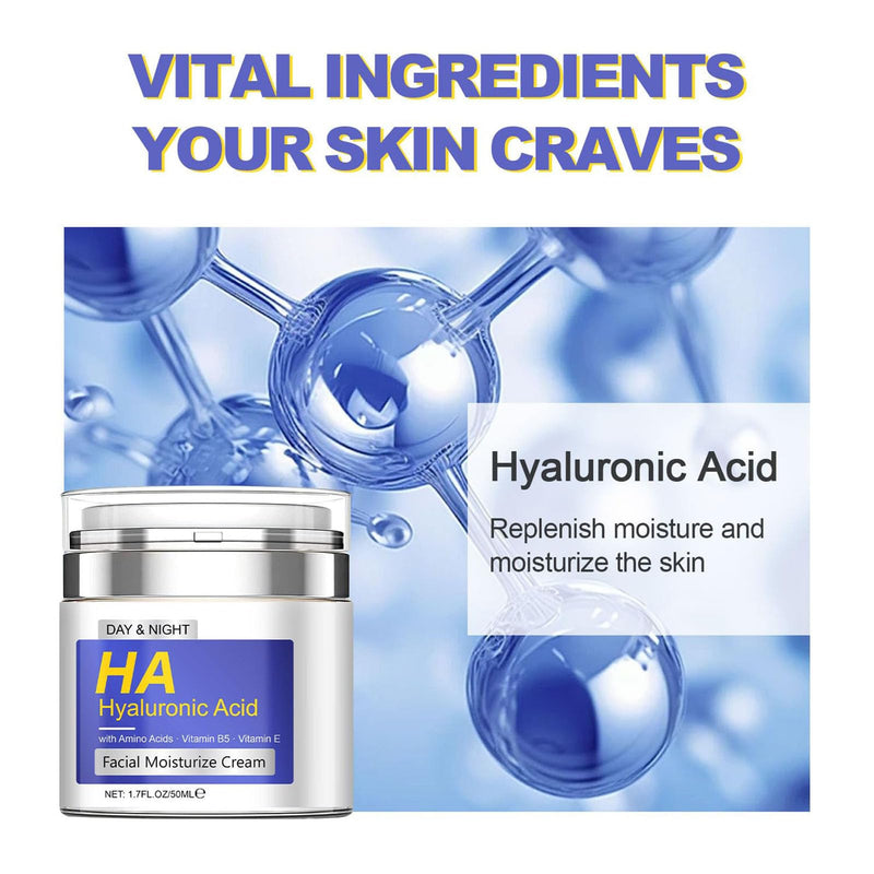 Hyaluronic Acid Moisturizer with Airless Pump, Facial Moisturize Cream with Amino Acids, Vitamin B5, Vitamin E, Anti-Aging, Hydrating, Reducing Fine Lines for Women, Suitable for Dry Skin, 1.7 Fl. Oz