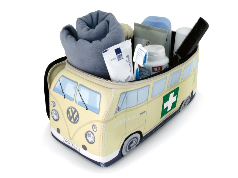 BRISA VW Collection - T1 Bus Camper Toiletry Bag Cosmetic Case | Volkswagen Toiletry Bag Cosmetic Case, Water-Repellent, Hanging Hook, 4 Mesh Pockets, Travel, Neoprene, Ambulance/Beige Large Large (11.8 X 5.5 X 4.7 Inches)