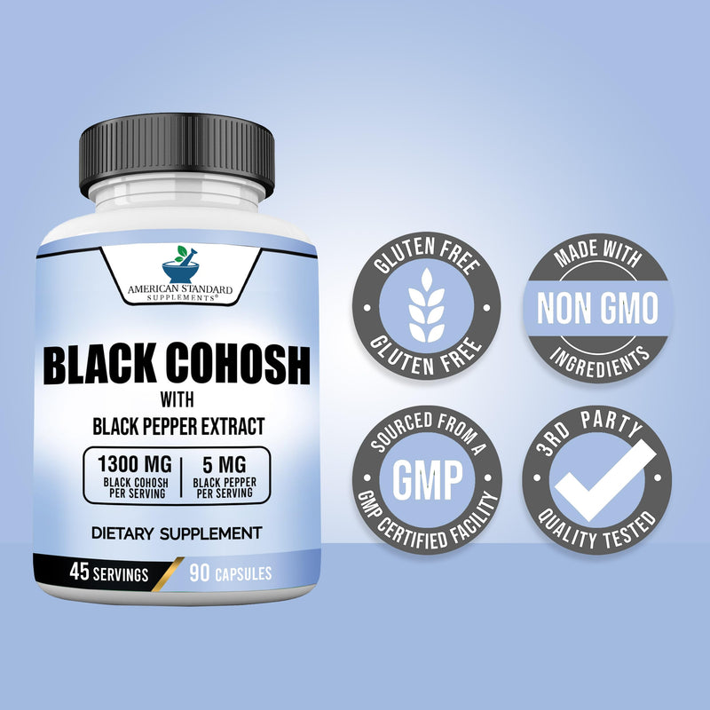 [Australia] - American Standard Supplements Black Cohosh 1300mg Per Serving with Black Pepper Fruit Extract - Vegan, Gluten Free, Non-GMO, 90 Capsules, 45 Servings 