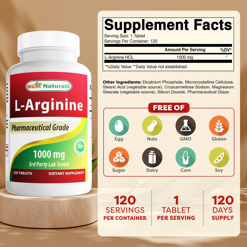 3 Pack - Best Naturals L-Arginine 1000 mg 120 Tablets - Pharmaceutical Grade L Arginine Supplement Promotes Nitric Oxide Synthesis (Total 360 Tablets)