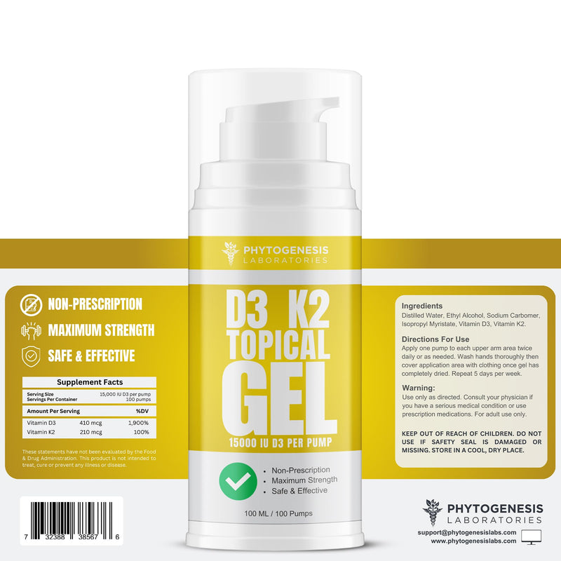Phytogenesis Vitamin D3 K2 Topical Gel | The Sunshine Vitamin, Immune Support, Bone Support, Joint Support, One Month Supply 1