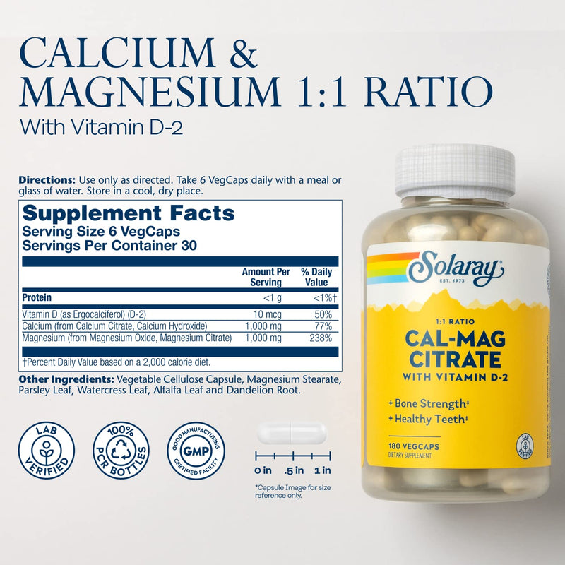 SOLARAY Calcium Magnesium Citrate 1:1 with Vitamin D2, 180 VegCaps | Bone, Muscle, Teeth & Nerve Support, Calcium & Magnesium Citrate with Vitamin D2, 30 Servings, Lab Verified