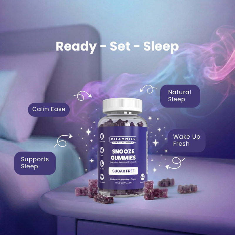 Vitammies Magnesium Glycinate Snooze Gummies - Magnesium Vegan Sleep Gummies with Lemon Balm & Chamomile - Magnesium Supplements Sugar Free Chewables - Blackcurrant Raspberry - 60 Count