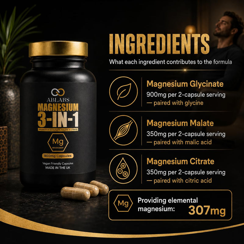 Magnesium 3-in-1 1600mg | ABLABS | Glycinate, Malate & Citrate | Made in The UK | Triple Strength 1600mg | Vegan Capsules (60) 60