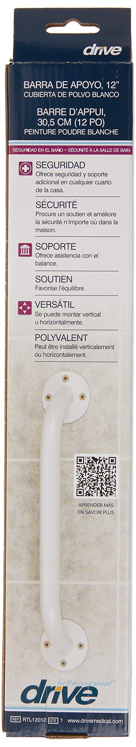 [Australia] - Drive Medical RTL12012 Powder-Coated Grab Bar, White, 1 Count (Pack of 1) 1 Count (Pack of 1) 