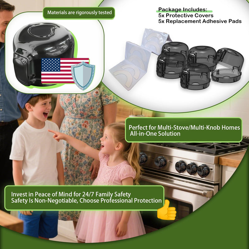 [Australia] - Stove Knob Safety Covers 5-Pack - Childproof & Pet Proof Locks for Gas/Electric Ovens, Heat-Resistant Clear Guards, Easy Damage-Free Install (Transparent Black) Transparent Black 