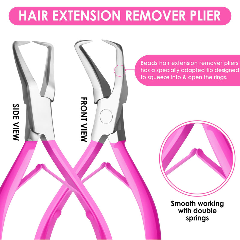 [Australia] - Beauty & Crafts Hair Extension Tools- Stainless Steel Pliers Set for Micro Beads- 1 Crochet Needle 1 Pulling Hook with Tail Comb- Micro Links Tool Kit with Leather Pouch- (Pink) Pink 