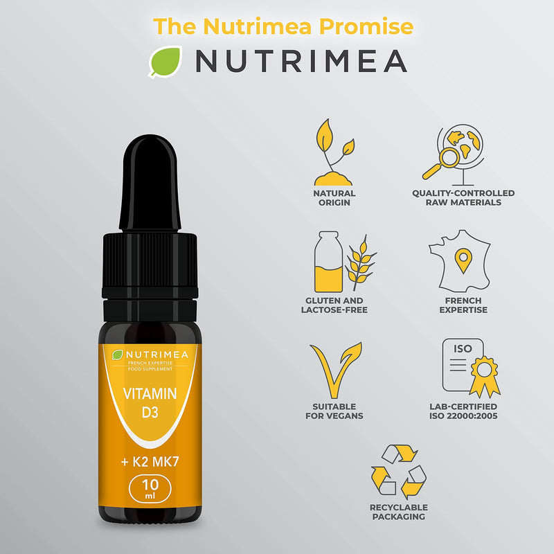 Vitamins D3 K2 MK7 Oil Form Supplement - Natural, 100% Purity, with Olive Oil - Fortifies The Immune System, Bones, Muscles and Teeth - 10ml Dropper Bottle
