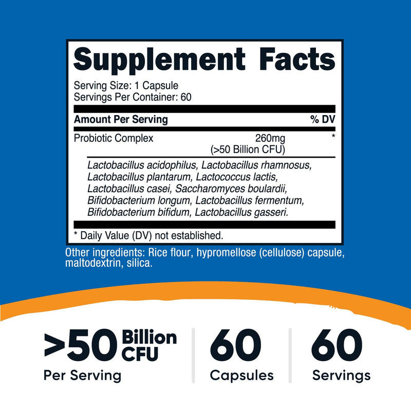 [Australia] - Nutricost Probiotic Complex - 50 Billion CFU, 60 Capsules - Probiotic for Men and Women - Vegetarian Capsules, Non-GMO, Gluten Free 60 Count (Pack of 1) 