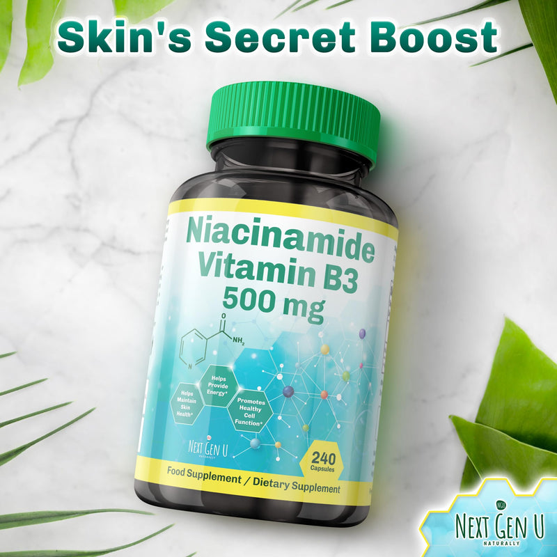 NGU Next Gen U Vitamin B3-500 mg, 240 Capsules - Niacinamide - Dietary Health Food Supplement for Healthy Skin