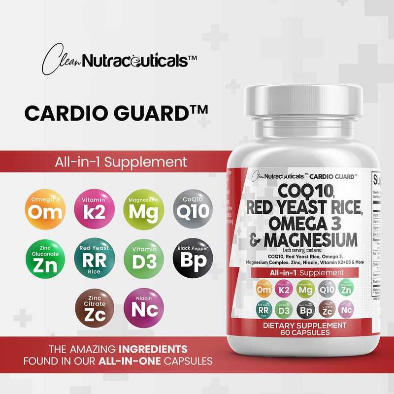 [Australia] - COQ10 200mg Red Yeast Rice 3000mg Omega 3 3000mg Magnesium Complex 500mg Niacin Zinc Vitamin K2 D3 - Heart Health Support Vitamins for Women and Men with Vitamin B3, Coenzyme Q10-60 Ct 