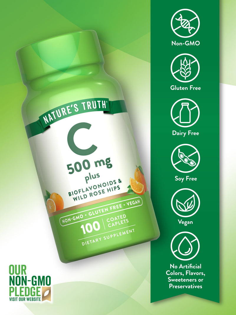 Nature's Truth Vitamin C with Rose Hips and Bioflavonoids | 500mg | 100 Caplets | Vegan, Non-GMO & Gluten Free 100 Count (Pack of 1)