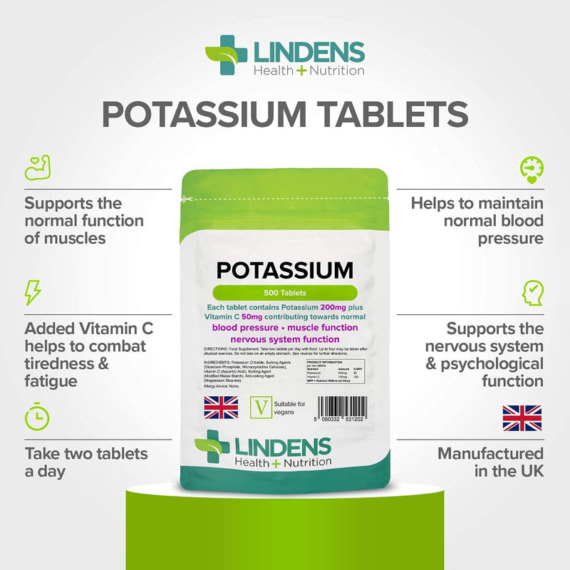 Lindens - Potassium 200mg, 500 Tablets - with 50mg Vitamin C Per Tablet - UK Made - Contributing to Normal Blood Pressure, Muscle and Nervous System Function - Letterbox Friendly, Vegan 500 count (Pack of 1)