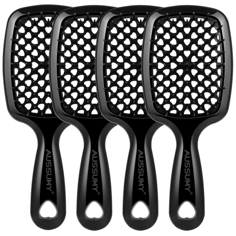 4 Pack Vented Detangling Hair Brush - Detangler Hairbrush with Soft Bristles for Effortless Tangle Free - Ideal for Wet Dry or Curly Damaged Hair for Women Men Kids 4 Pack Vented Hair Brush Black+Black+Black+Black