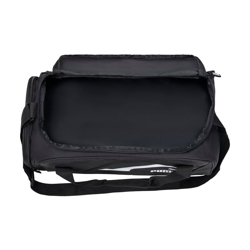 PUMA unisex-adult Form Factor Duffel with Adjustable Strap, Padded Bottom & Zip Pockets Black/White One Size