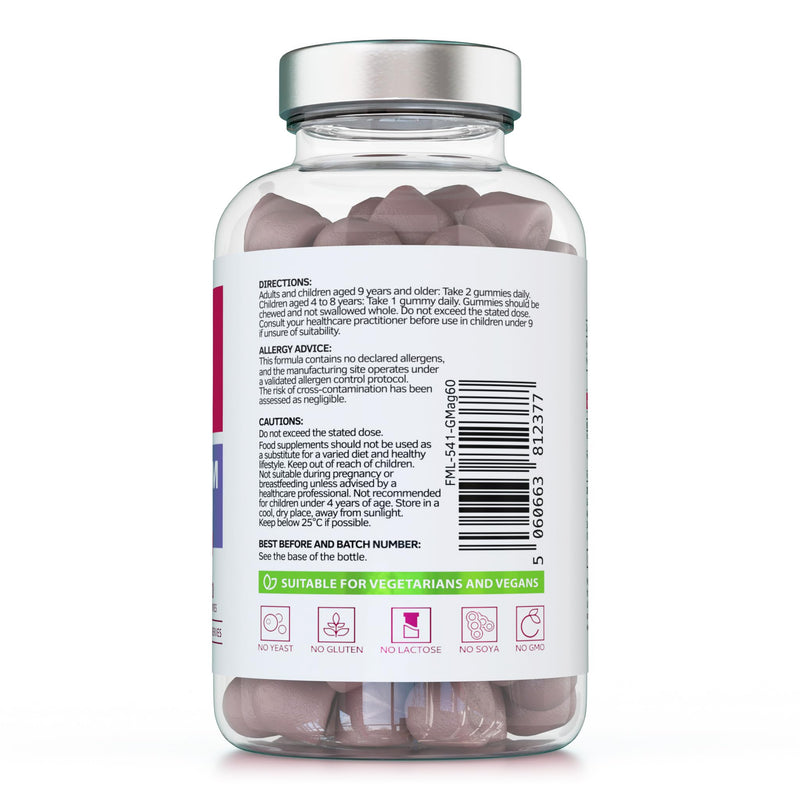 Magnesium Gummies, Providing 180mg Daily dose of Elemental Magnesium from Citrate - 60 Natural Berry Flavour Chewable Yummy Gummies for Better Sleep, Muscle and Nerve Support - UK Made