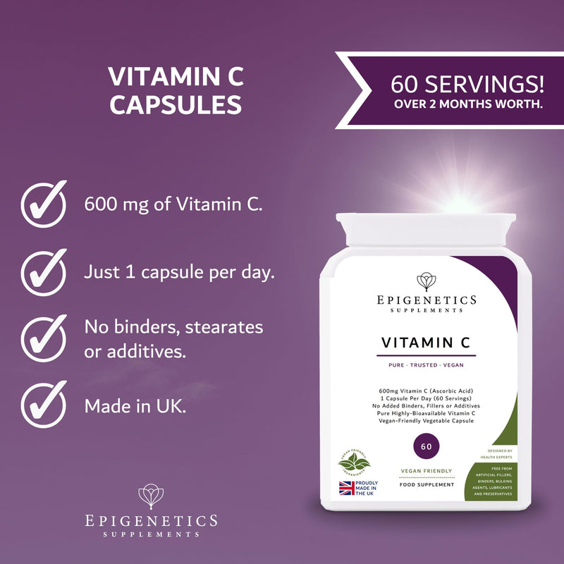 Vitamin C 600mg | Pure Ascorbic Acid for Immune System Support | 60 Vegan Friendly Capsules UK Made | 2 Month Supply | 1 Capsule Daily (High Strength)
