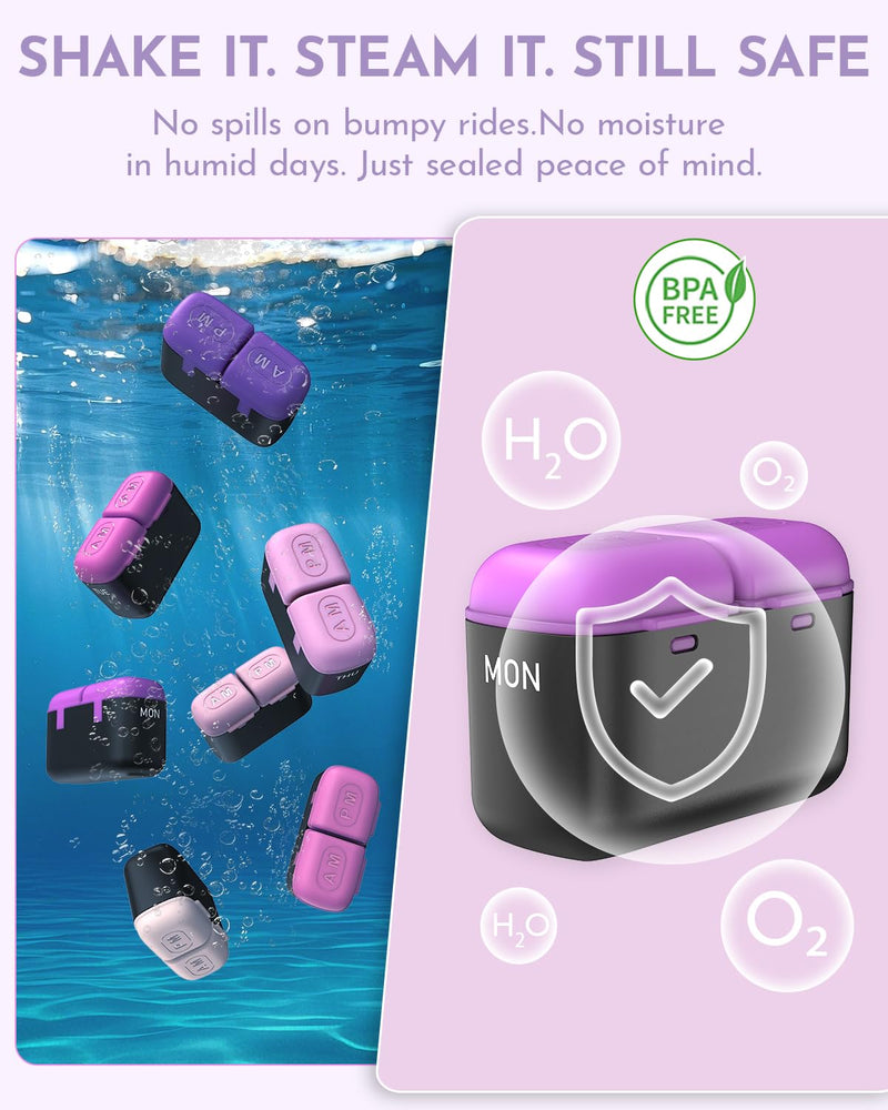 Weekly Pill Organizer 2 Times a Day, 7 Day Travel Medicine Pill Organizer with Moisture-Proof Silicone Lid, AM PM Daily Pill Box for Vitamins & Supplements, Aesthetics Pill Case(Purple) Purple