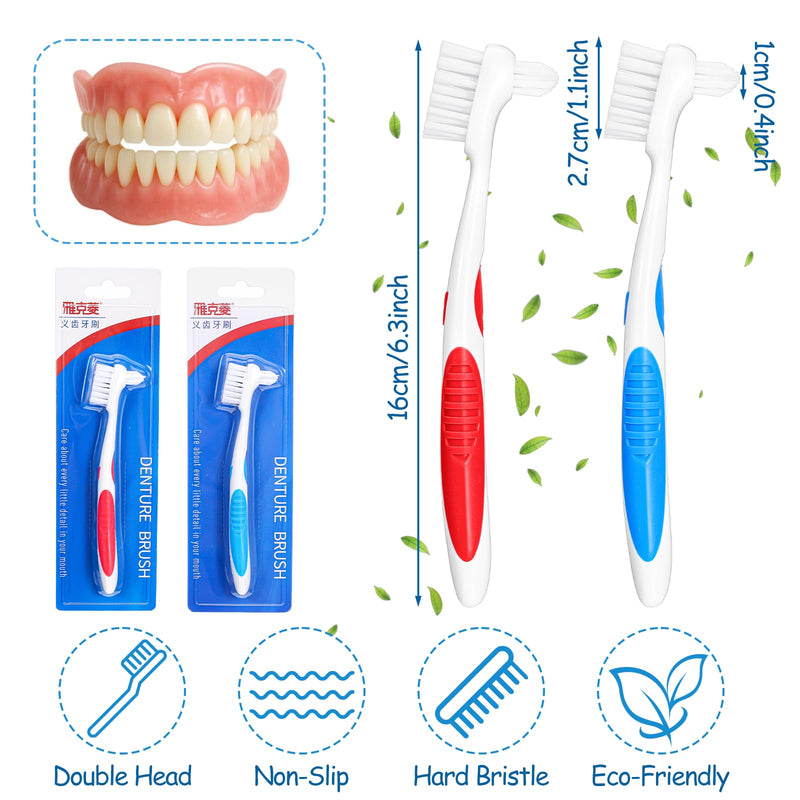 [Australia] - 2PCS Denture Brush Set - Dual-Head Denture Cleaning Brush with Ergonomic Rubber Handle Multi-Layered Soft Bristles (Blue & Red) 