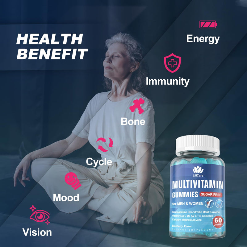 LILICARE Methylated Multivitamin Gummies for Women Men, Immune Health,120ct | Multivitamin w/ Vitamin B D3 K2 A C E, Calcium, Zinc, Elderberry, Echinacea, MSM, Support Immune, Bone & Energy, Sugar Free 60 Count (Pack of 2)
