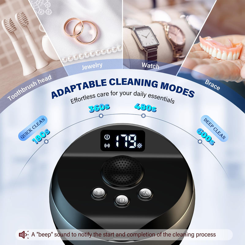 [Australia] - Ultrasonic Retainer Cleaner, 200ML Denture Cleaner for Mouthguard, Aligner, Brace, Night Guard and Dental Appliance with 4 Modes, 45kHz Jewelry Cleaner for Rings, Dental Cleaning Pod with Basket Black 
