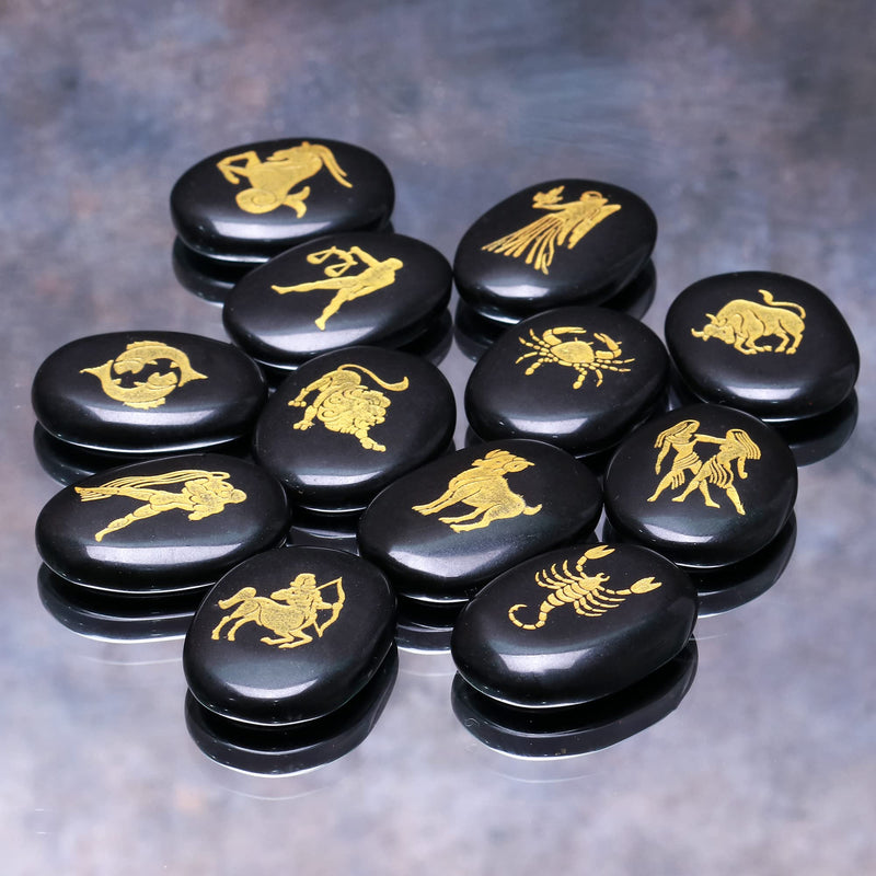 Crocon Black Agate Zodiac or Horoscope Symbols Engraved Stones (Set of 12) | Wicca Reiki Healing Crystals Meditation Balancing Gemstone Good Luck Pocket Stone Spiritual Love Crystal Sun Sign Gift. Zodiac stones