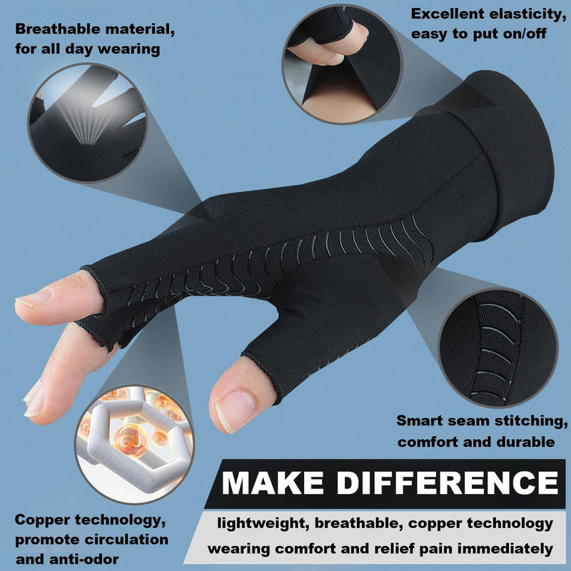 2 Pairs Copper Arthritis Compression Gloves for Rheumatoid, Osteoarthritis, Carpal Tunnel Pain Relief, Compression Hand Gloves for Women & Men,Anti-Slip Fingerless Gloves for Work,Typing (XL) X-Large