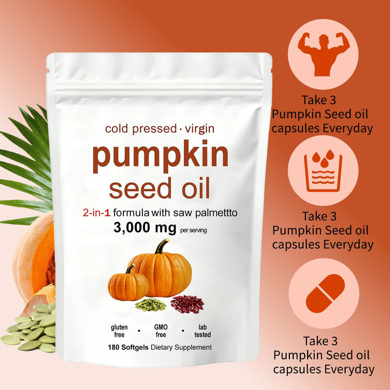 Pumpkin Seed Oil, Pumpkin Seed Oil Capsules | Cold Pressed - Good for Hair Health - Non-GMO | 180 pc / 1 Bag
