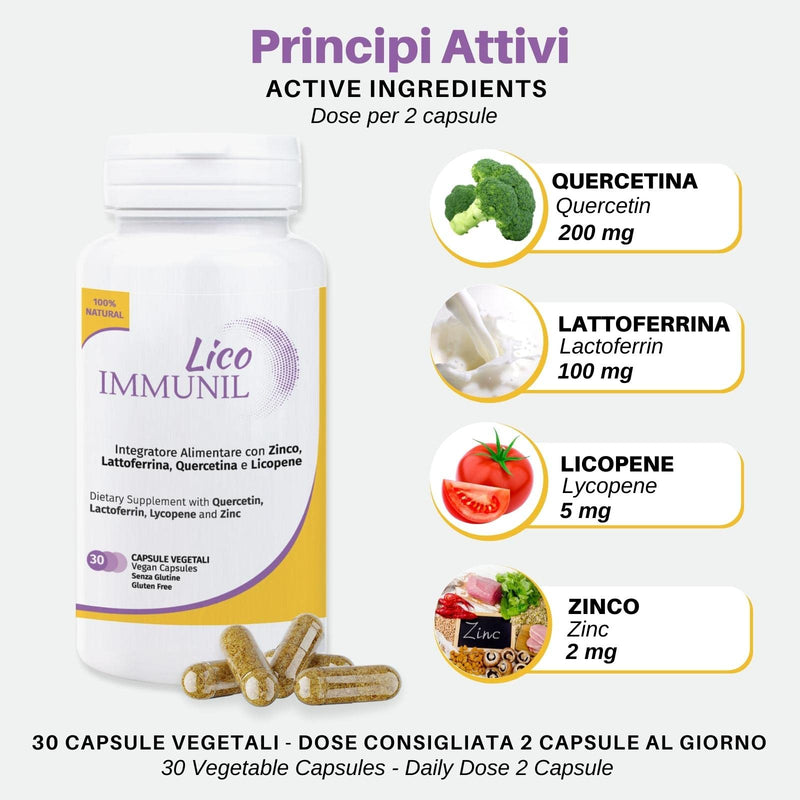 Lico Immunil Immune System Support Supplement | Quercetin, Lactoferrin, Zinc, Lycopene | Natural Immune Support | Immune Booster | 30 Vegetables Caps